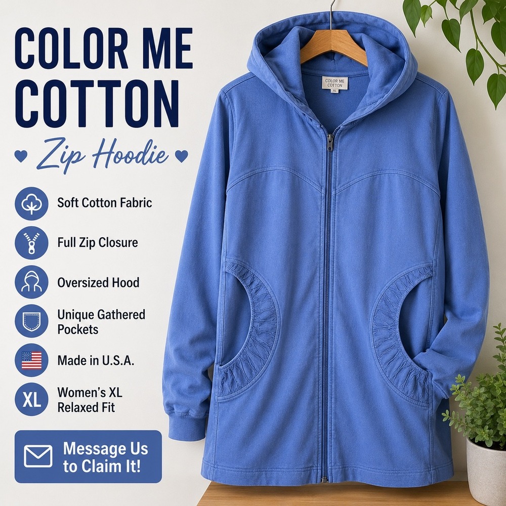 Color Me Cotton CMC Hoodie Blue Full Zip Gathered Pockets XL Made in USA